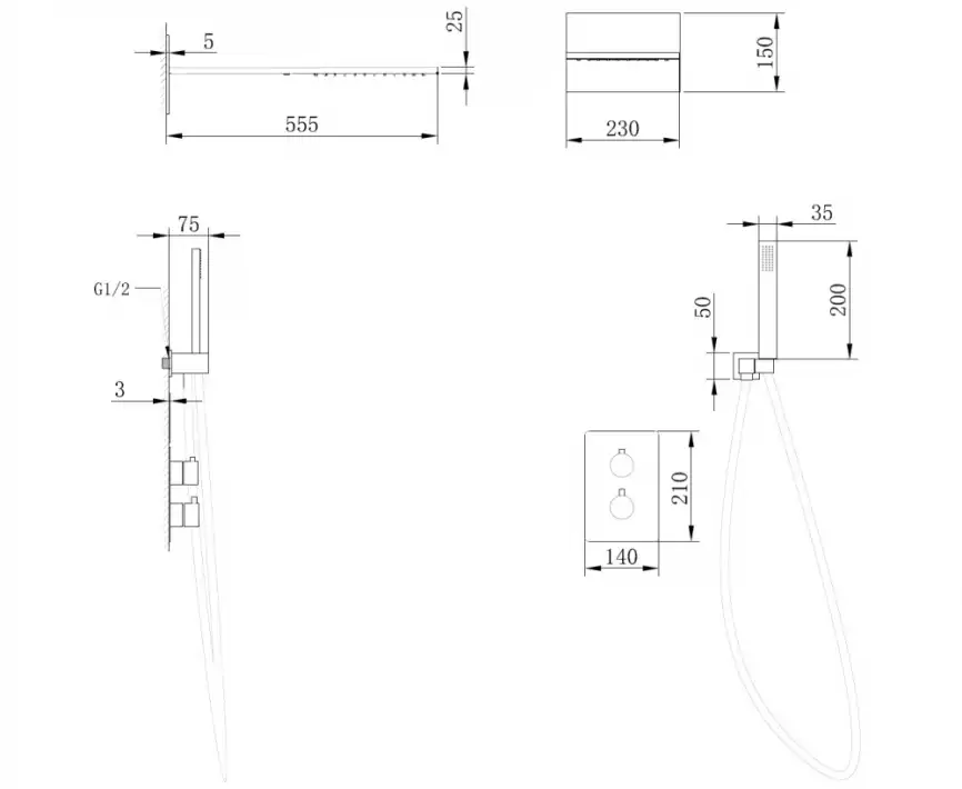 Душевая система ABBER Weiss Insel AF8052B скрытого монтажа без излива, термостат, черная матовая фото 3