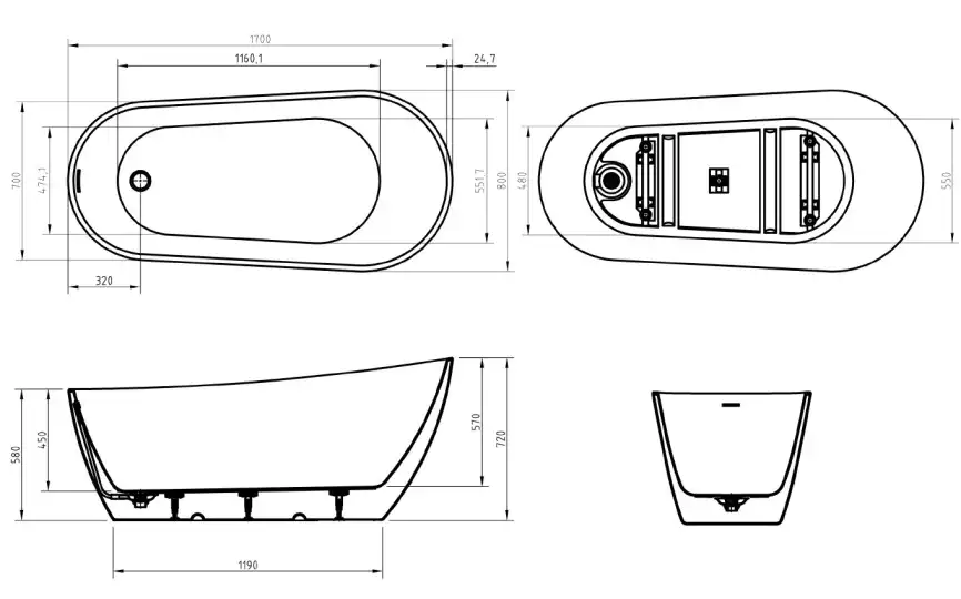 Акриловая ванна BelBagno 170х80 BB704-1700-800-K, отдельностоящая, Белая глянцевая фото 6
