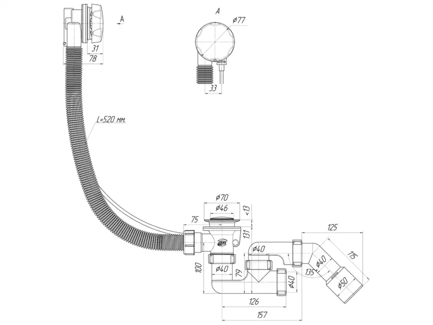 Слив-перелив Ани Пласт EM321 для ванны, полуавтомат, с переходным трубком 45° 40х50, Хром фото 3