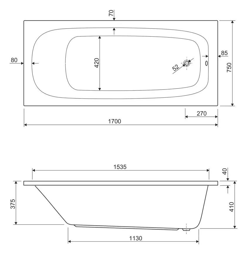 Акриловая ванна Cezares ECO 170х75 ECO-170-75-41-W37 прямоугольная, Белая фото 3