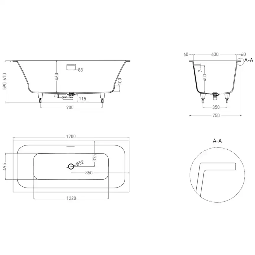 Ванна Salini ORLANDA AXIS KIT 170х75 103313G из материала S-Sense, Белая глянцевая фото 5