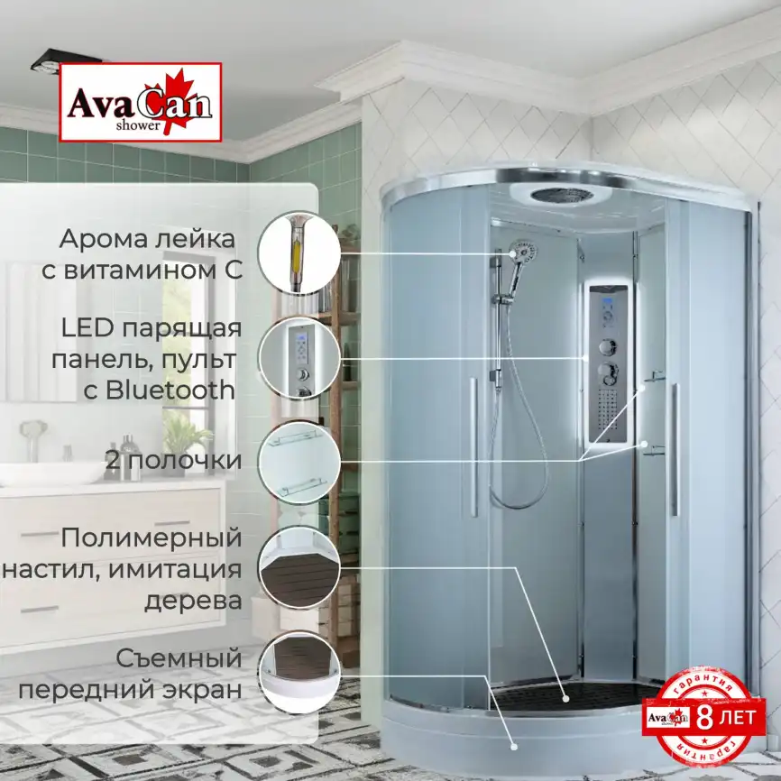 Душевая кабина AvaCan EM2812RLED 120x80 см, низкий поддон, с крышей, правая фото 2