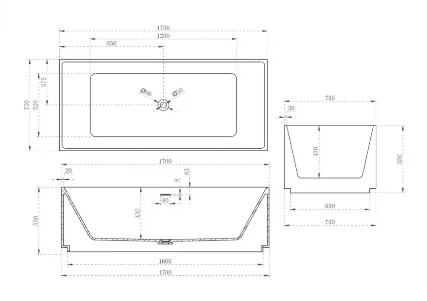 Ванна  Abber Stein 170х75 AS9602 из искусственного камня, Белая матовая фото 2