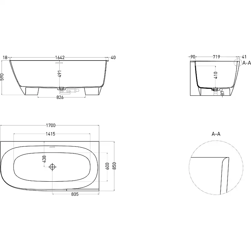 Ванна Salini SOFIA WALL 170х80 102512G из материала S-Sense, Белая глянцевая фото 5