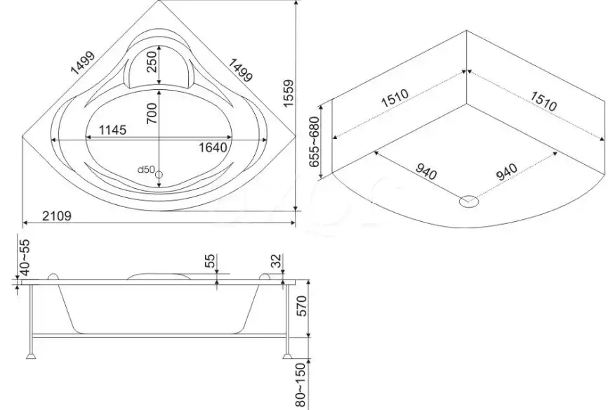Акриловая ванна Модена 1500*1500 -BAS фото 4