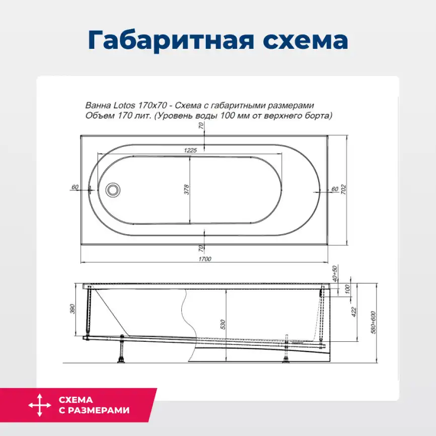 Акриловая ванна Aquanet Lotos 170х70 (334159), на каркасе, белая фото 2