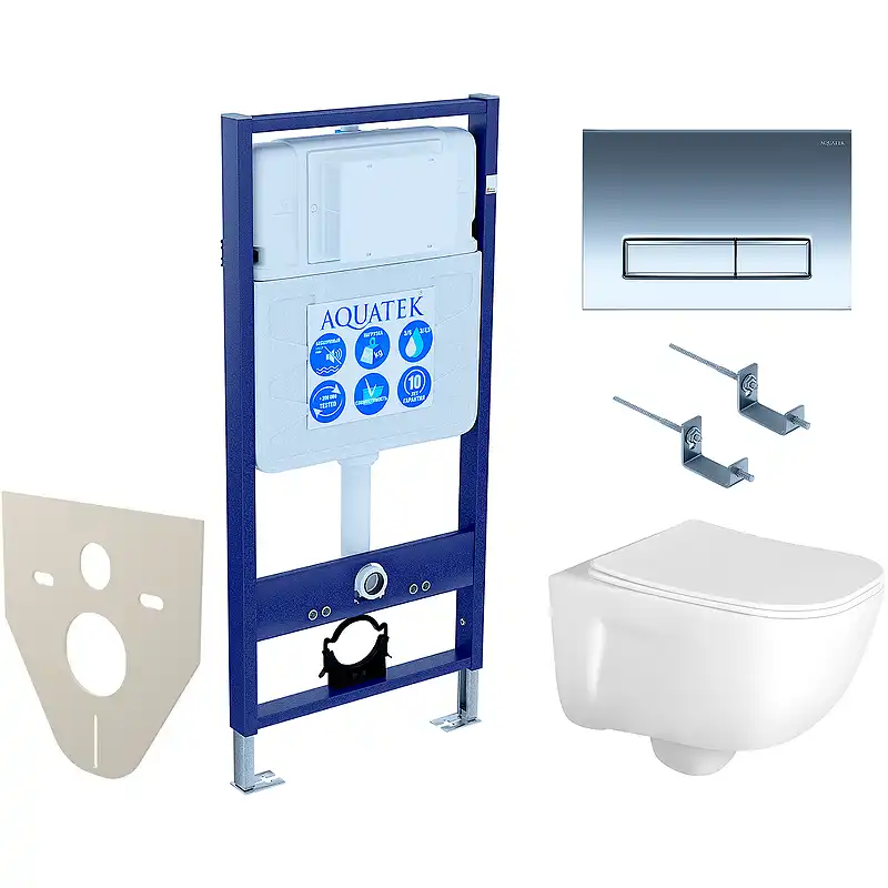 Комплект унитаза с инсталляцией Aquatek Set Aquatek Дива 4в1 с сиденьем Микролифт и клавишей смыва Хром глянцевый фото 1