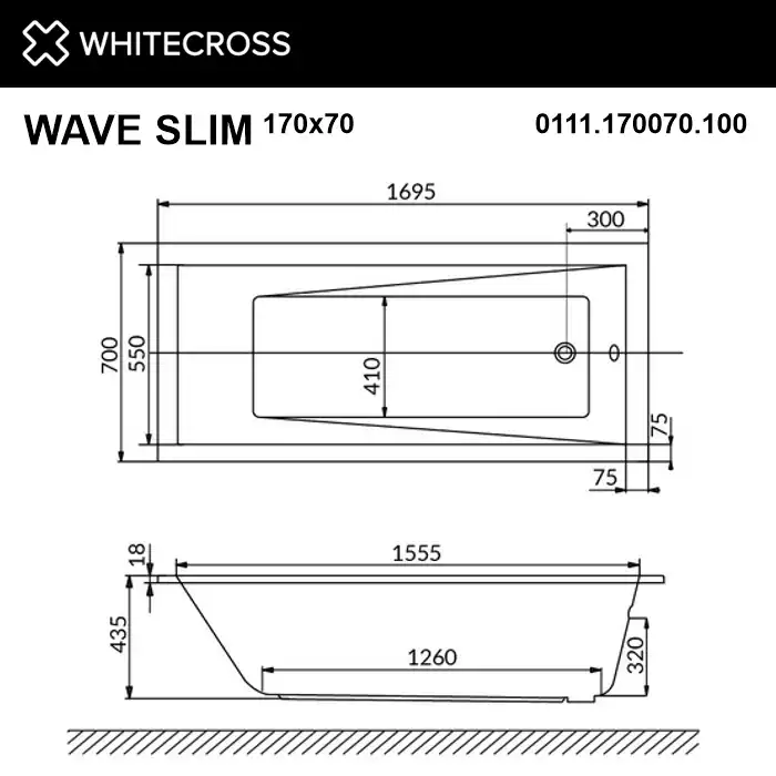 Акриловая ванна Whitecross Wave Slim 170х70 0111.170070.100 с тонким бортом, встраиваемая, Белая фото 5
