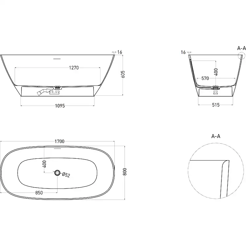 Ванна Salini Sofia 150х75 102528M из материала S-Stone, Белая матовая фото 9