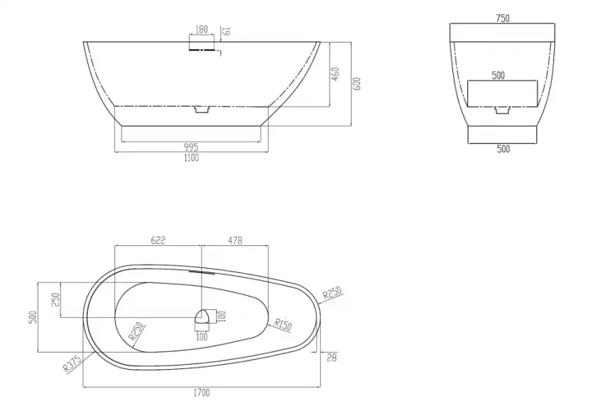 Ванна  Abber Dortmund 170х75 AM9911G из искусственного камня, Серая матовая фото 6