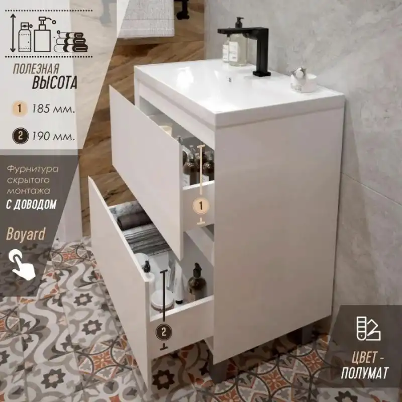 Тумба с умывальником Aura Vanessa 60-2 напольная (раковина Classica 60) Белая фото 2