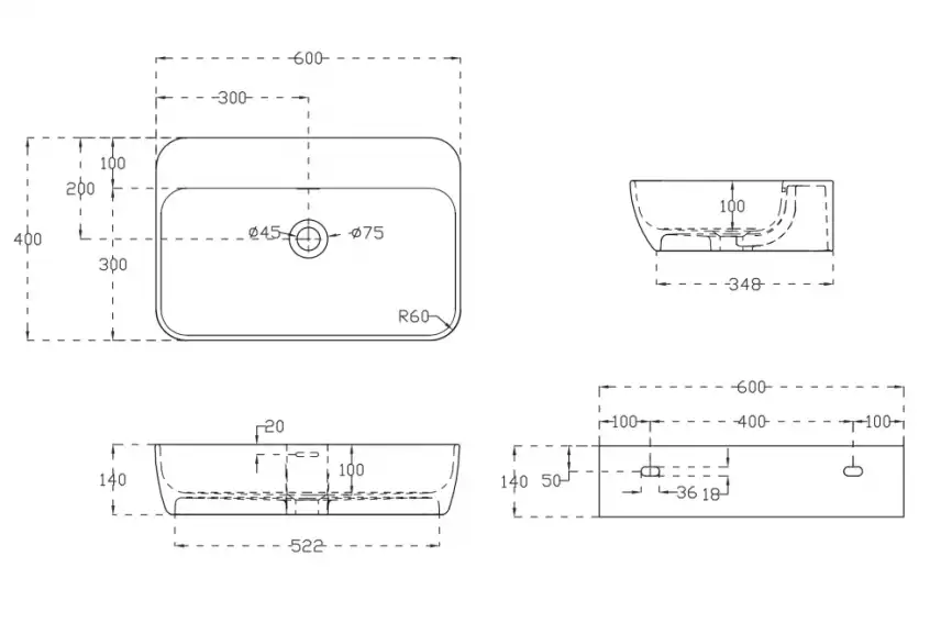 Раковина подвесная ABBER STEIN 60х40х14 AS2654, прямоугольная, белая матовая фото 4