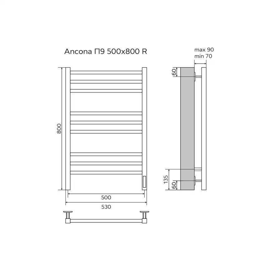 Полотенцесушитель электрический 50х80 Azario Ancona П9 AZ71858W, диммер справа, Белый матовый фото 5
