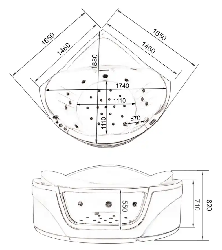 Акриловая ванна Gemy G9247 K 165х165 с гидромассажем, угловая фото 5