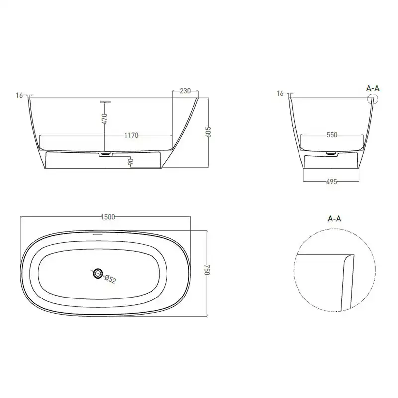 Ванна Salini NOEMI 170х75 101712G из материала S-Sense, Белая глянцевая фото 8