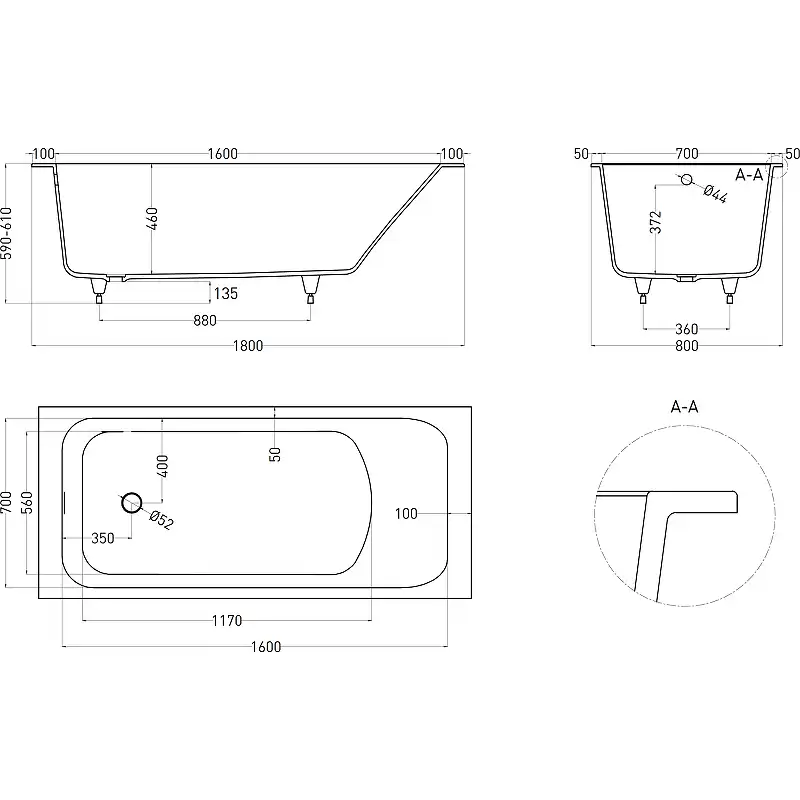 Ванна Salini ORLANDA 160х70 102025M из материала S-Stone, Белая матовая фото 9