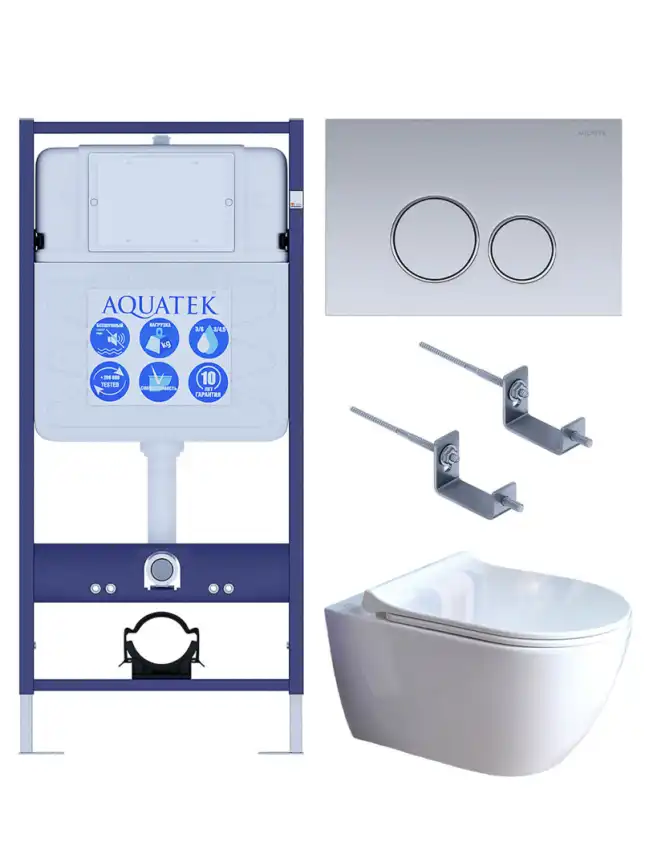 Унитаз с инсталляцией SET AQUATEK ПОЛАРИС-01-019 4в1 с тонким сиденьем микролифт и клавишей смыва Хром фото 1