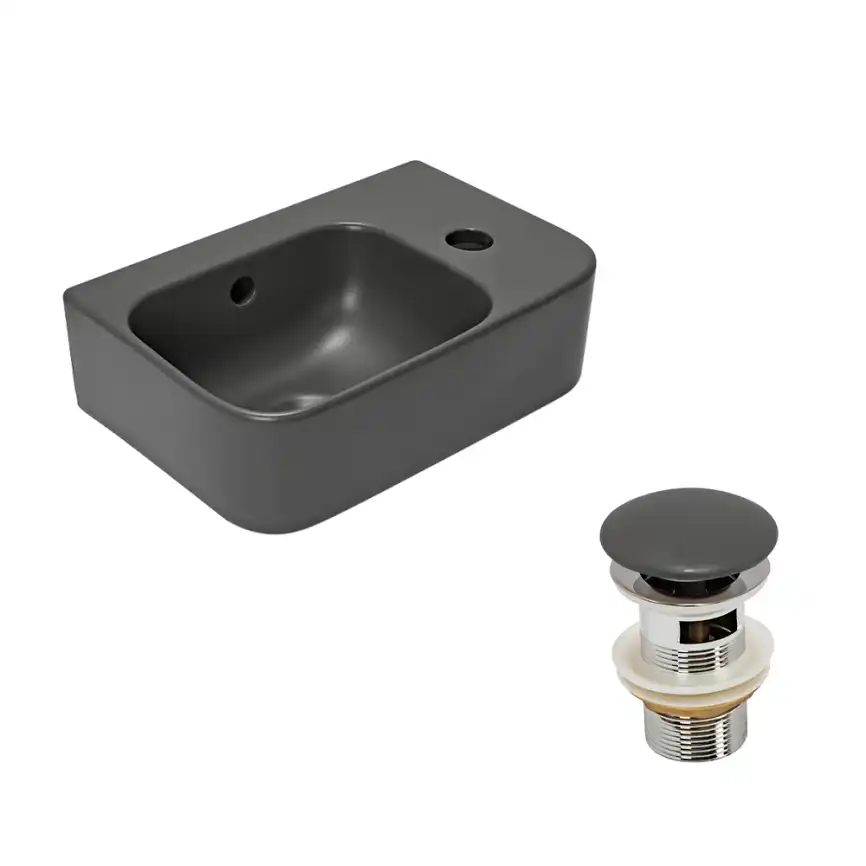 Рукомойник AVS Грэйс 37x25 L, темно-серый матовый с донным клапаном фото 1