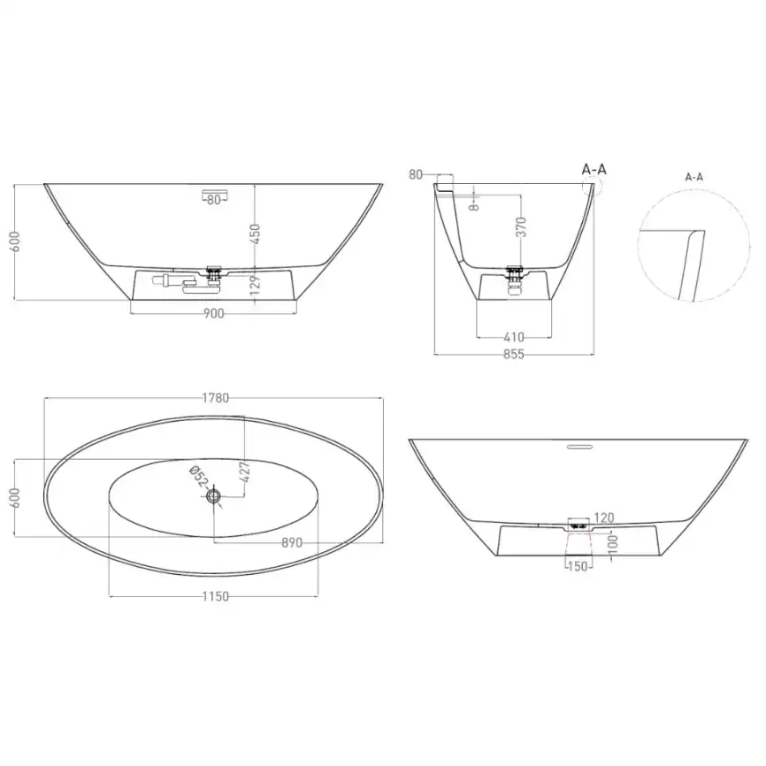Ванна Salini Sofia 170х80 102526M из материала S-Stone, Белая матовая фото 9