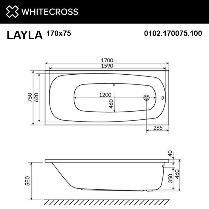 Акриловая ванна Whitecross LAYLA 170х75 0102.170075.100 прямоугольная, Белая фото 4