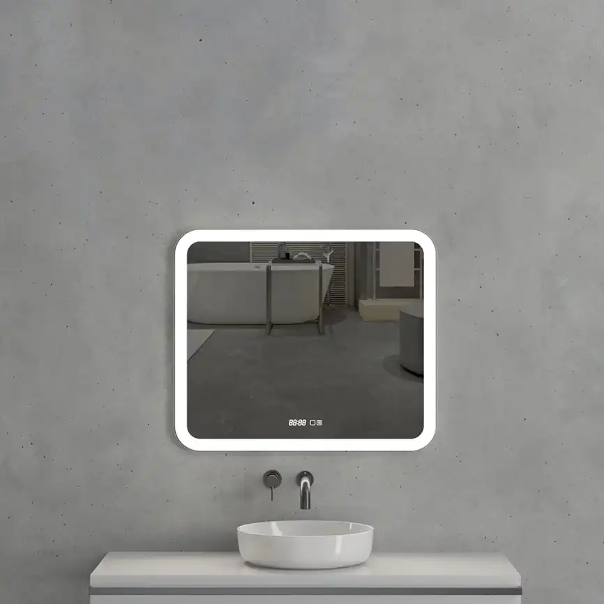 Зеркало с подсветкой AVS Байкал 80x68 см, часы и антипар фото 2