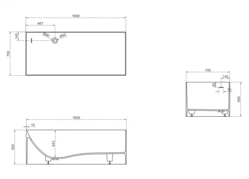Ванна  Abber Stein 160х70 AS9640-1.6 из искусственного камня, Белая матовая фото 6
