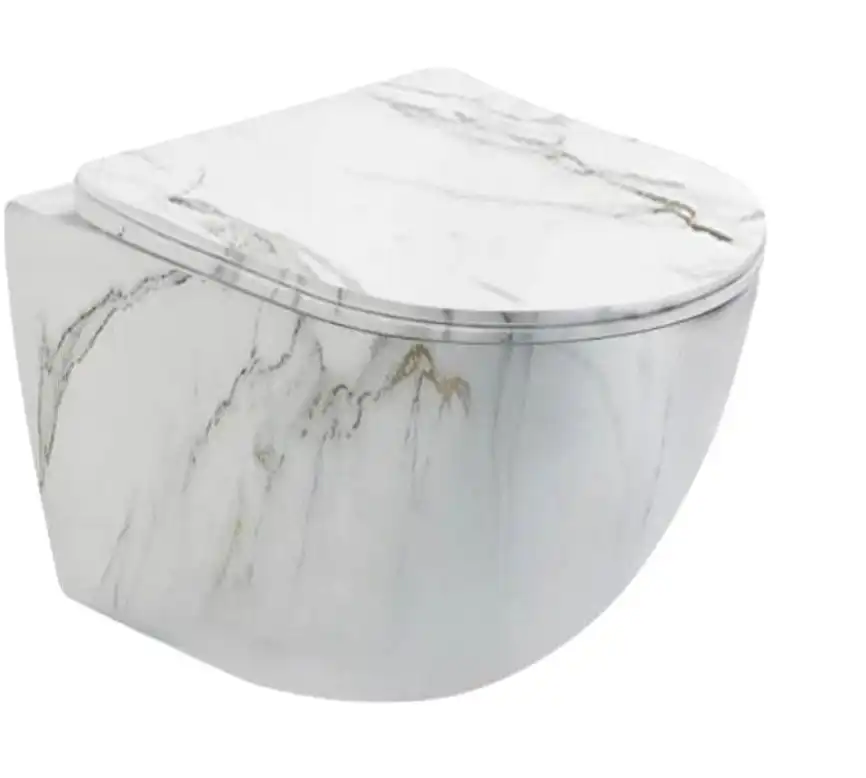 Унитаз подвесной Ceramalux 2213-K, безободковый с сиденьем микролифт Белый мрамор фото 2