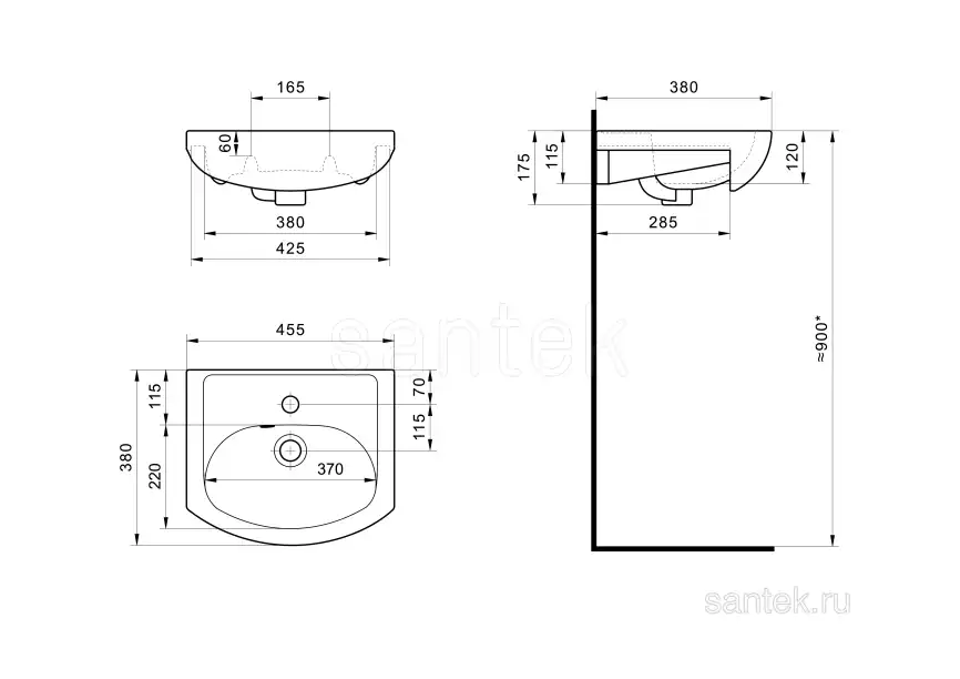 Раковина Santek Азов 45 отверстие под смеситель 1WH112449 фото 4