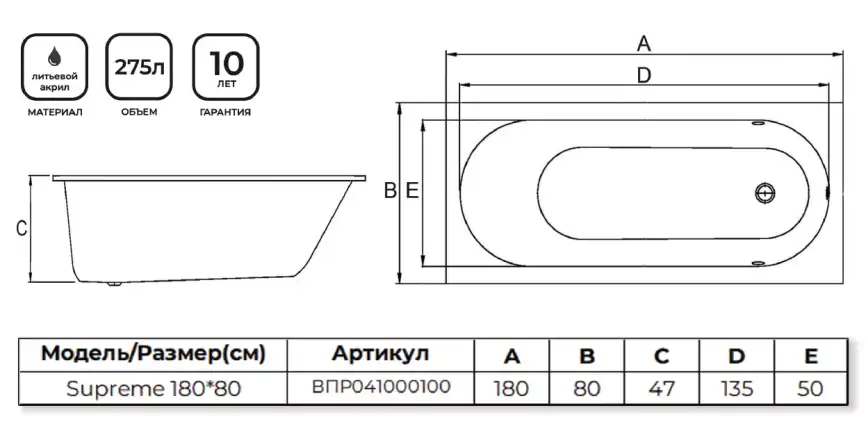 Акриловая ванна Alba Spa SUPREME 180х80 см, ВПР041000100, Белая фото 2