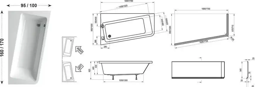 Акриловая ванна Ravak 10° 170х100 C821000000 правая, Белая фото 2