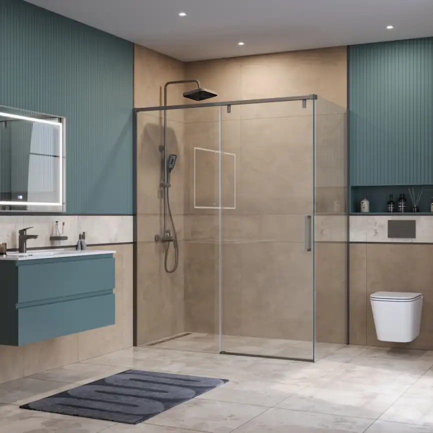 Душевой уголок BelBagno SOFT_CLOSE-1-AH-1-150/100-C-GM стекло прозрачное, профиль Оружейная сталь фото 7
