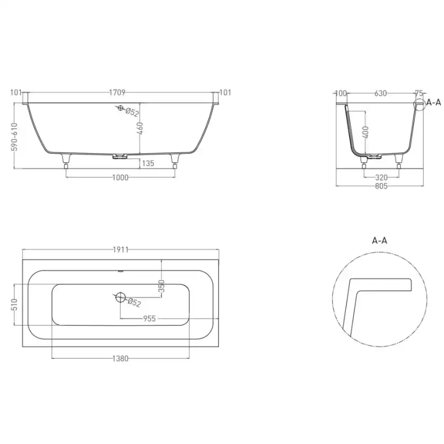 Ванна Salini ORLANDA AXIS 190х80 103211G из материала S-Sense, Белая глянцевая фото 8