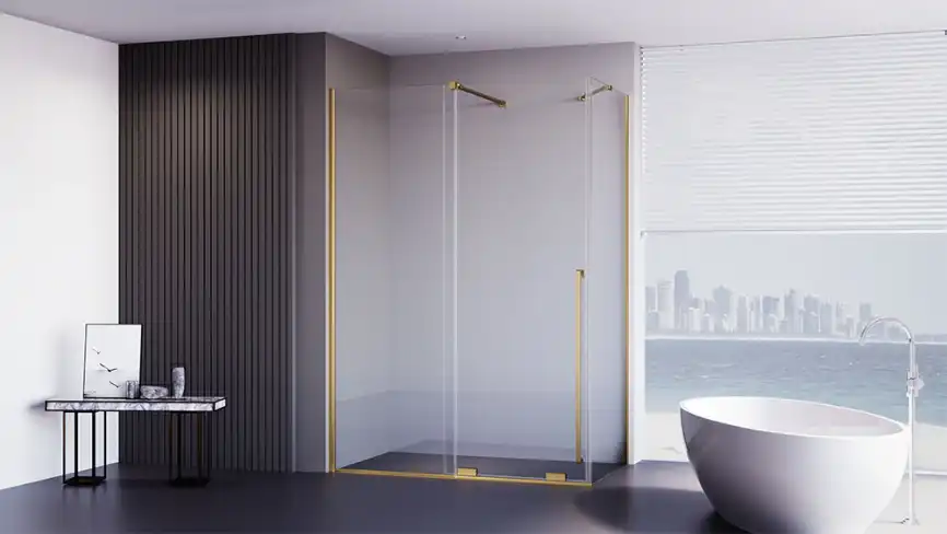 Душевой уголок  Veconi Premium Trento 150х80 PTC50-SP-15080-G-01-C4, стекло Прозрачное профиль Брашированное золото фото 1