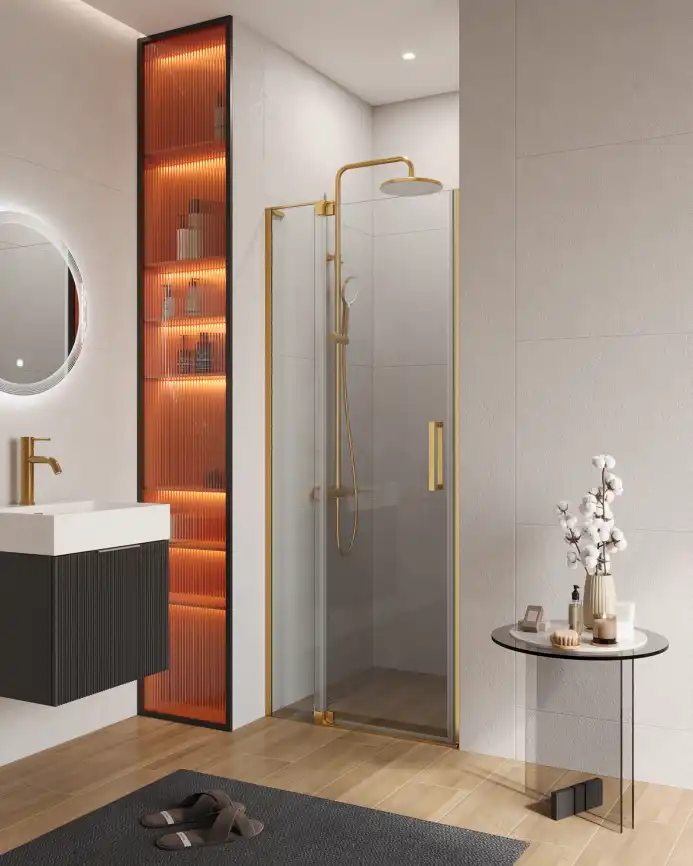 Душевая дверь в нишу CEZARES SLIDER-B-1-80/90-C-BORO стекло Прозрачное, профиль Брашированное золото фото 1