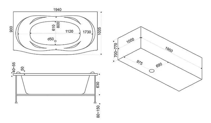 Акриловая ванна Bas Фиеста 194x90 без гидромассажа фото 4