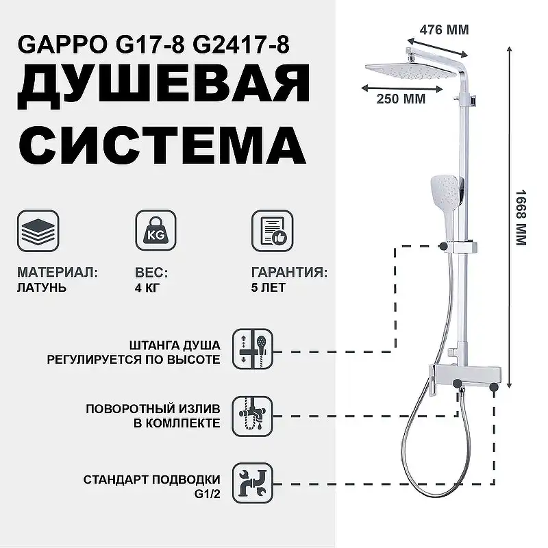 Душевая система Gappo G2417-8  с поворотным изливом, Хром / Белый фото 15