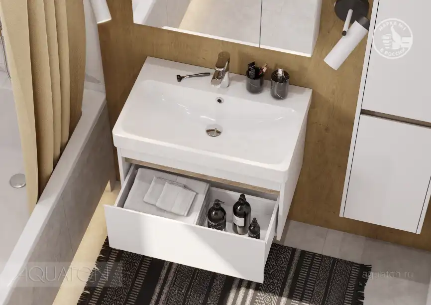 Тумба под раковину Aquaton Марти 70 1A267501MY010 подвесная цвет, белый / дуб эндгрейн фото 7