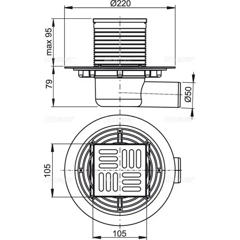 Душевой трап AlcaPlast 105х105/50, подводка – боковая, решетка – нержавеющая сталь,гидрозатвор – мокрый APV1311 фото 2