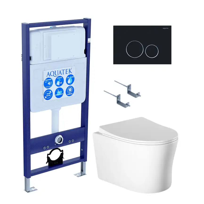 Унитаз с инсталляцией Aquatek Ника SET AQUATEK НИКА-020 4в1 с сиденьем Микролифт и черной клавишей смыва фото 1