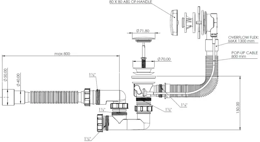 Слив-перелив для ванны Aquanet хром, полуавтомат для ванны 80 см, квадрат фото 3