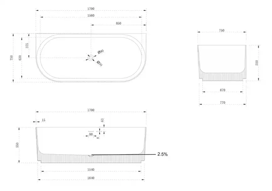Ванна Abber Stein 170х75 AS9630 из искусственного камня, Белая матовая фото 5