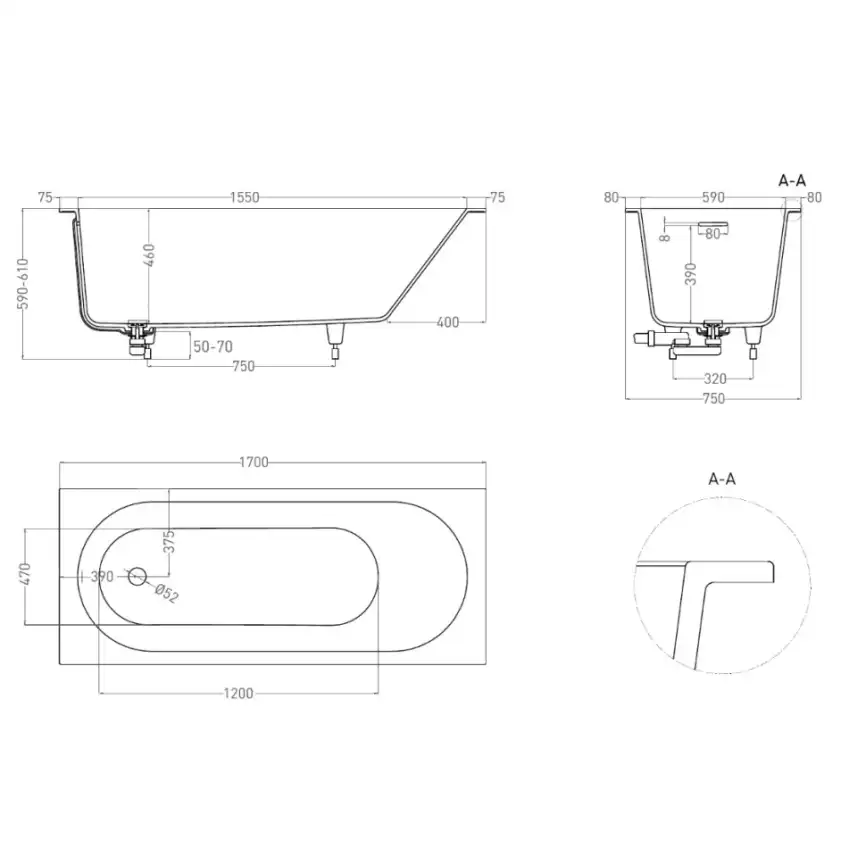 Ванна Salini ORNELLA KIT 170х75 102421M из материала S-Stone, Белая матовая фото 9