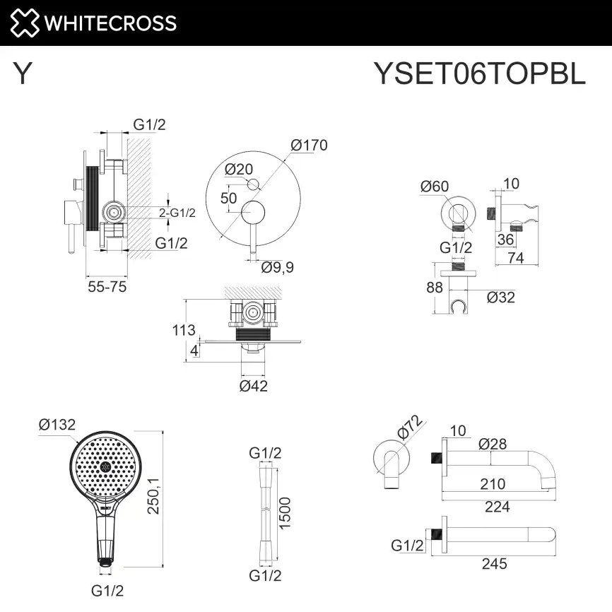 Душевая система для ванны WHITECROSS Y black YSET06TOPBL, скрытого монтажа, Черный матовый фото 3