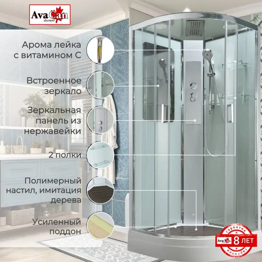 Душевая кабина AvaCan A2010 100x100 см, низкий поддон, с крышей фото 2