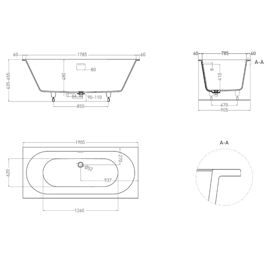 Ванна Salini ORNELLA AXIS KIT 190х90 103512M из материала S-Sense, Белая матовая фото 8