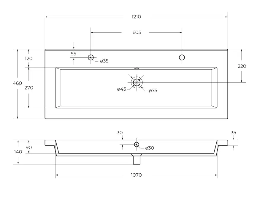 Керамическая раковина с одной чашей и двумя отверстиями под смеситель CEZARES CZR-8070-120-1-2 фото 6