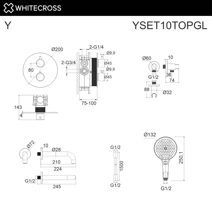 Душевая система для ванны WHITECROSS Y gold YSET10TOPGL, термостатическая, скрытого монтажа, Золото глянцевое фото 3
