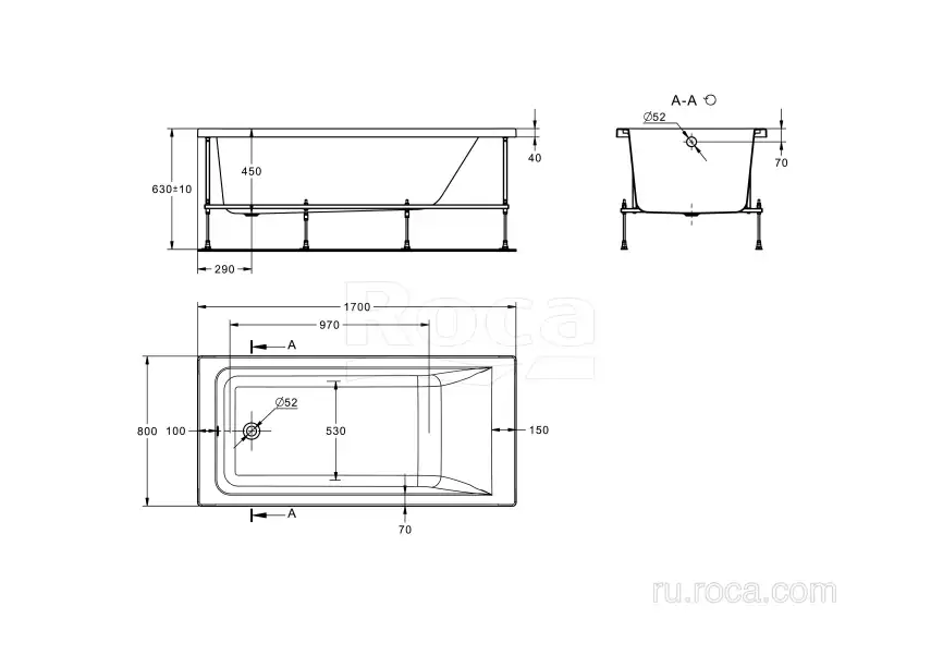 Акриловая ванна Roca EASY 170х80 ZRU9307624 прямоугольная, Белая фото 10
