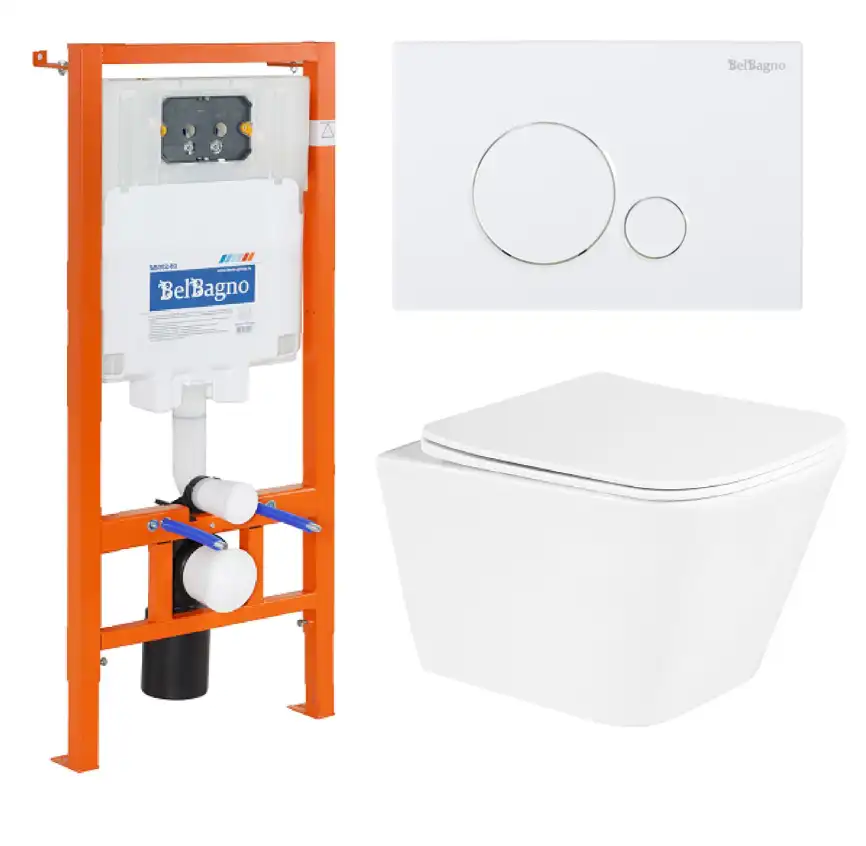 Комплект 3 в 1 Унитаз подвесной с сиденьем BelBagno DUE BB3103CHR/SC + Система инсталляции для унитазов BelBagno BB002-80  с кнопкой смыва BB014-SR-BIANCO фото 1