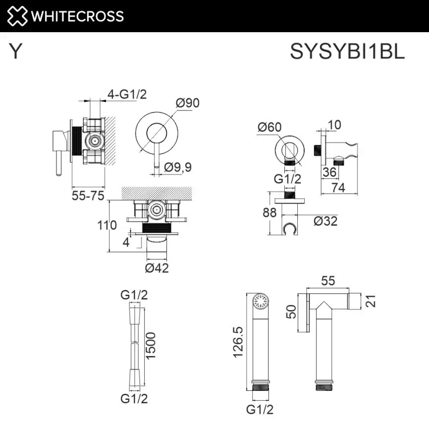 Смеситель с гигиеническим душем Whitecross Y black скрытого монтажа Черный матовый, SYSYBI1BL фото 2